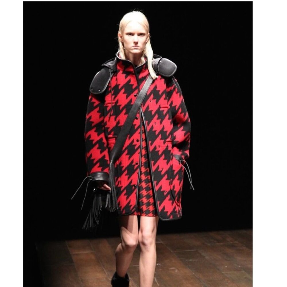Coach Leather-Trimmed Houndstooth Hooded Parka Coat